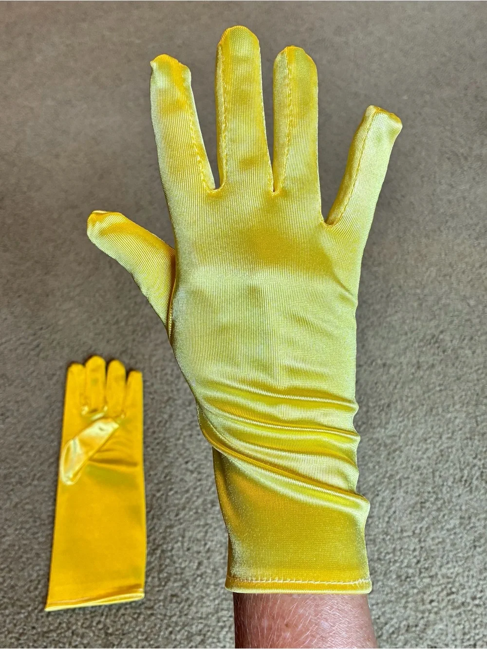 Youth Bright Yellow Satin Long Costume Gloves Kids M/L Cosplay Dress Up